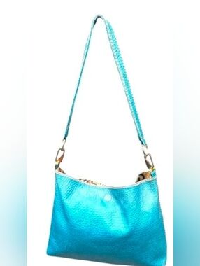 Plinio Visona Women's Pebbled Leather Made In Italy Turquoise Shoulder Bag